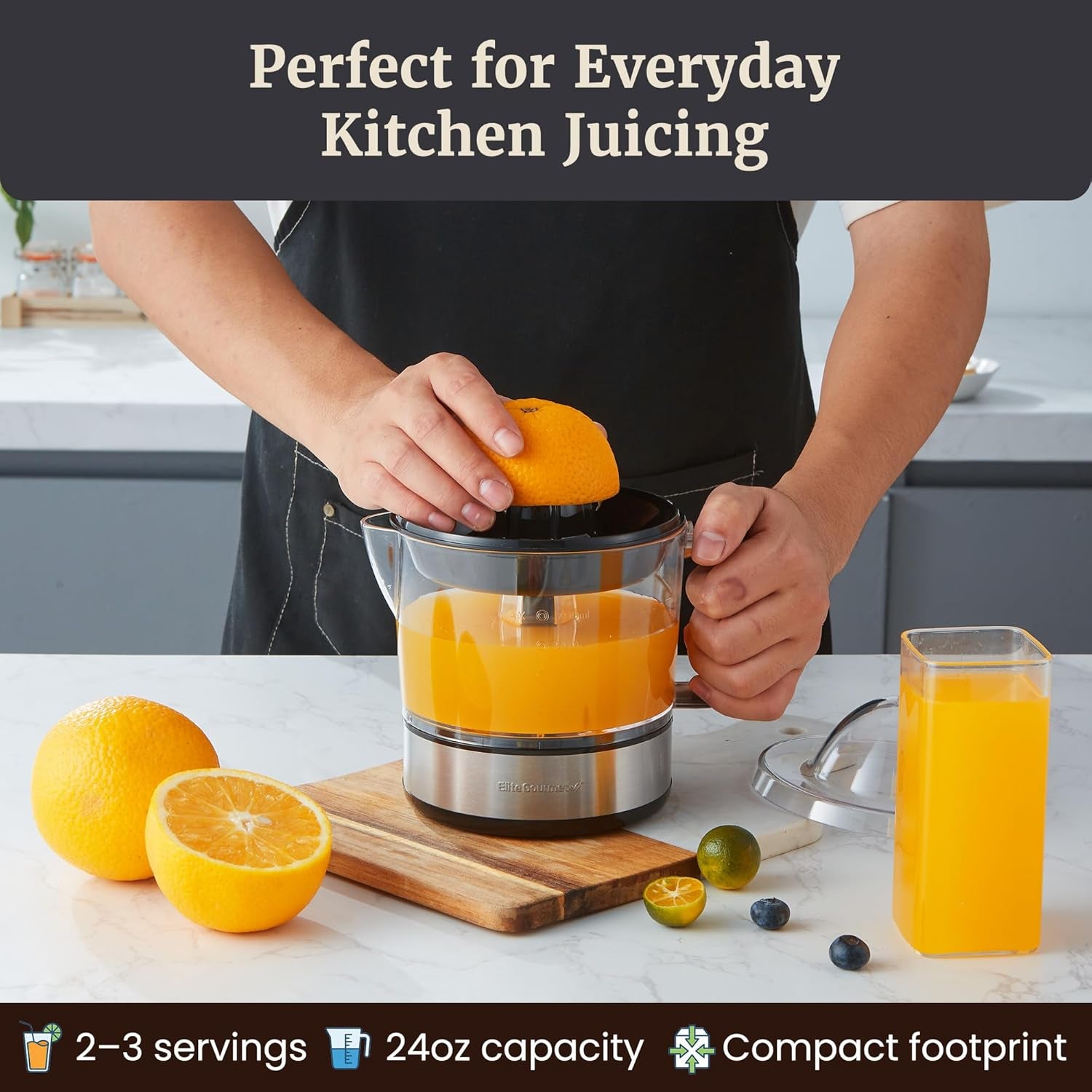 ETS623 Bpa-Free 40-Watt Electric Citrus Juicer, Compact, Large Volume, Pulp Control, Oranges, Lemons, Limes, Grapefruits with Easy Pour Spout, 24Oz, Black/Stainless Steel