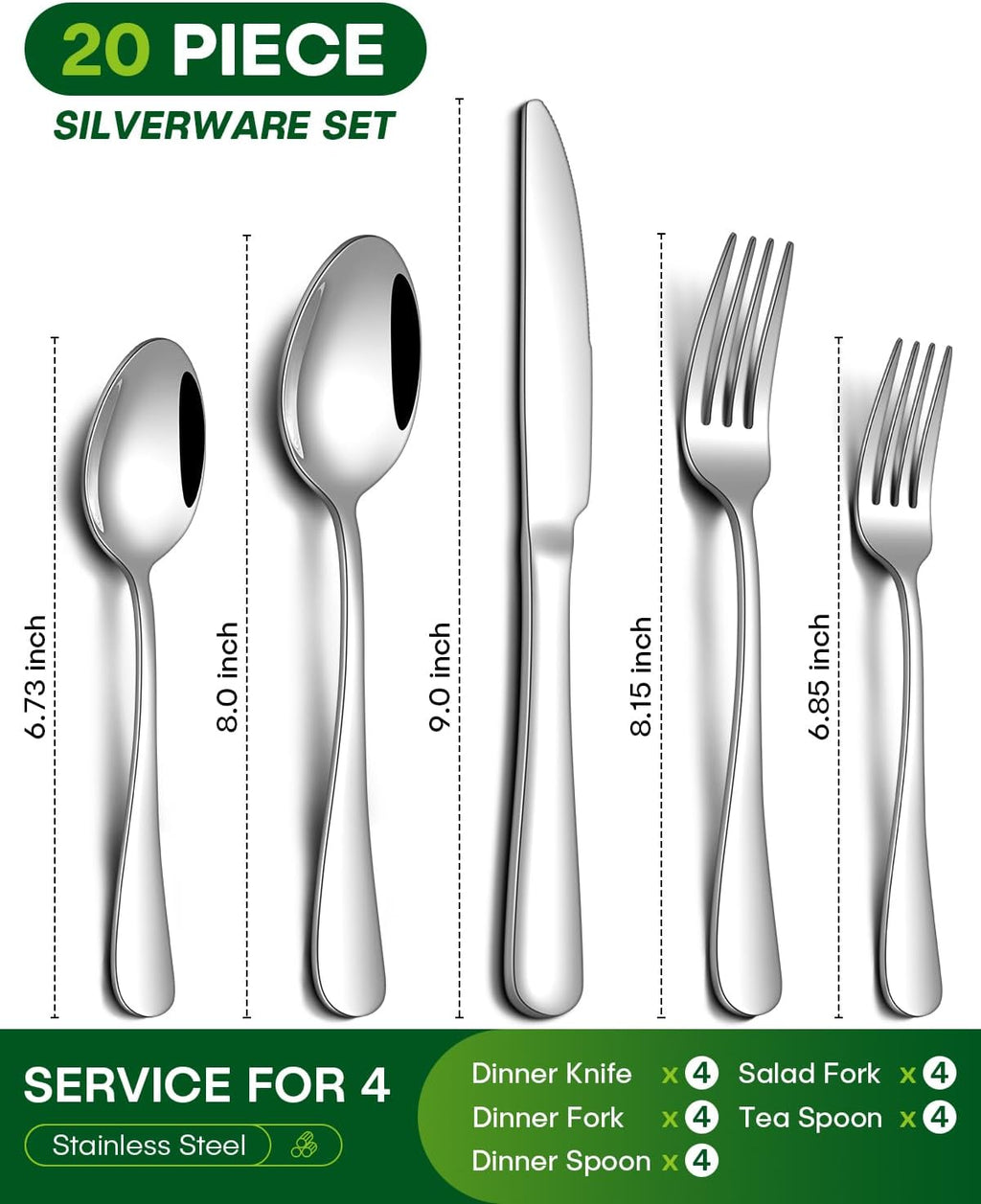 20 Piece Silverware Set, Stainless Steel Flatware Set for 4 Food Grade Novelty Flatware Cutlery Utensil Set Include Knife Fork Spoon Mirror Polished Dishwasher Safe