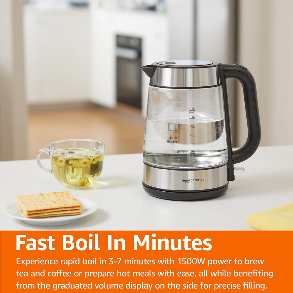 Electric Kettle with Glass Carafe for Tea and Coffee, Bpa-Free, Fast Boiling, Auto Shut-Off, Boil-Dry Protection, Water Level Indicator, 1.7 Liter, 1500W, Black and Silver