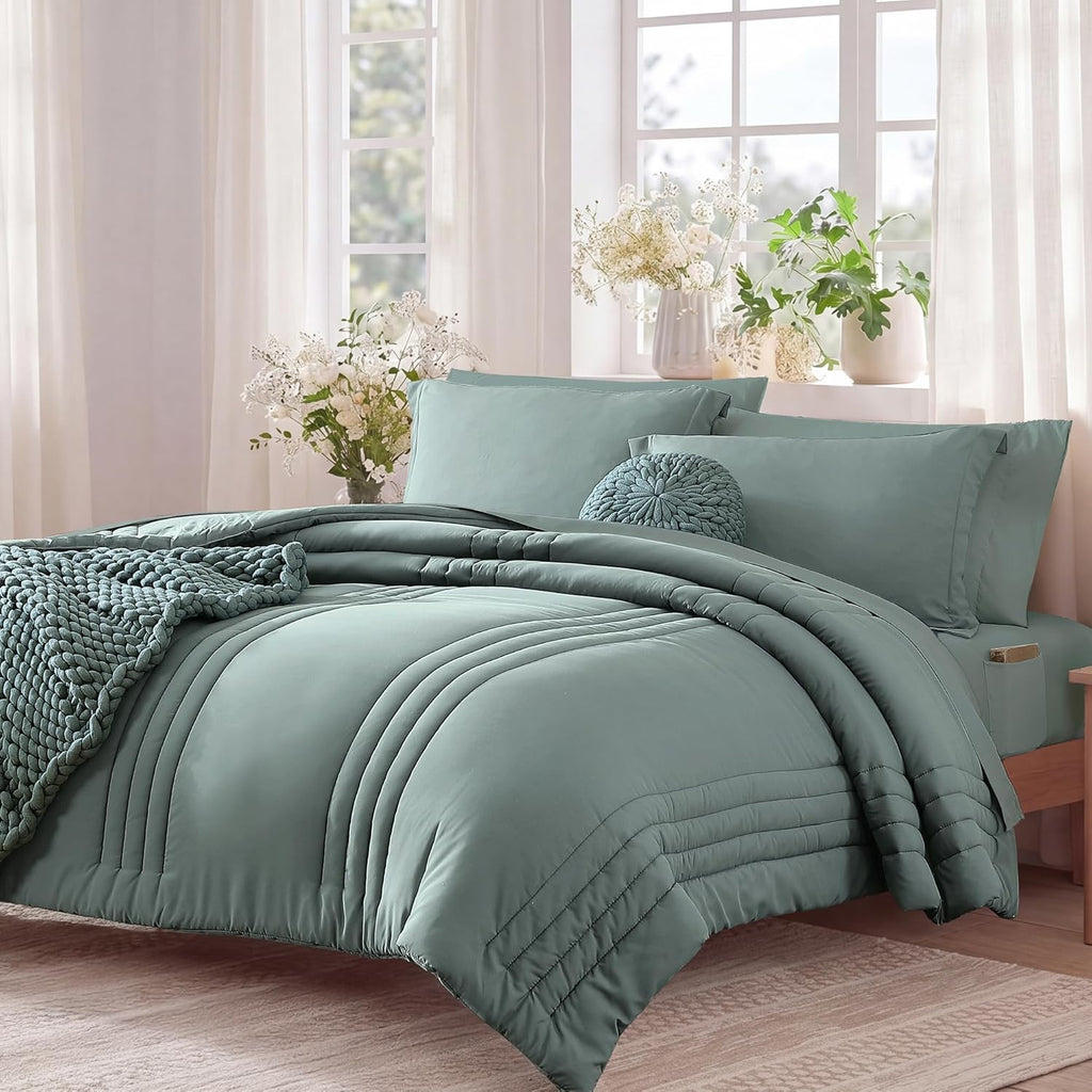 Full Size Comforter Sets - 7 Pieces Sage Green Bed in a Bag Full Size Bedding Sets with Comforter, Sheets, Pillowcases & Shams