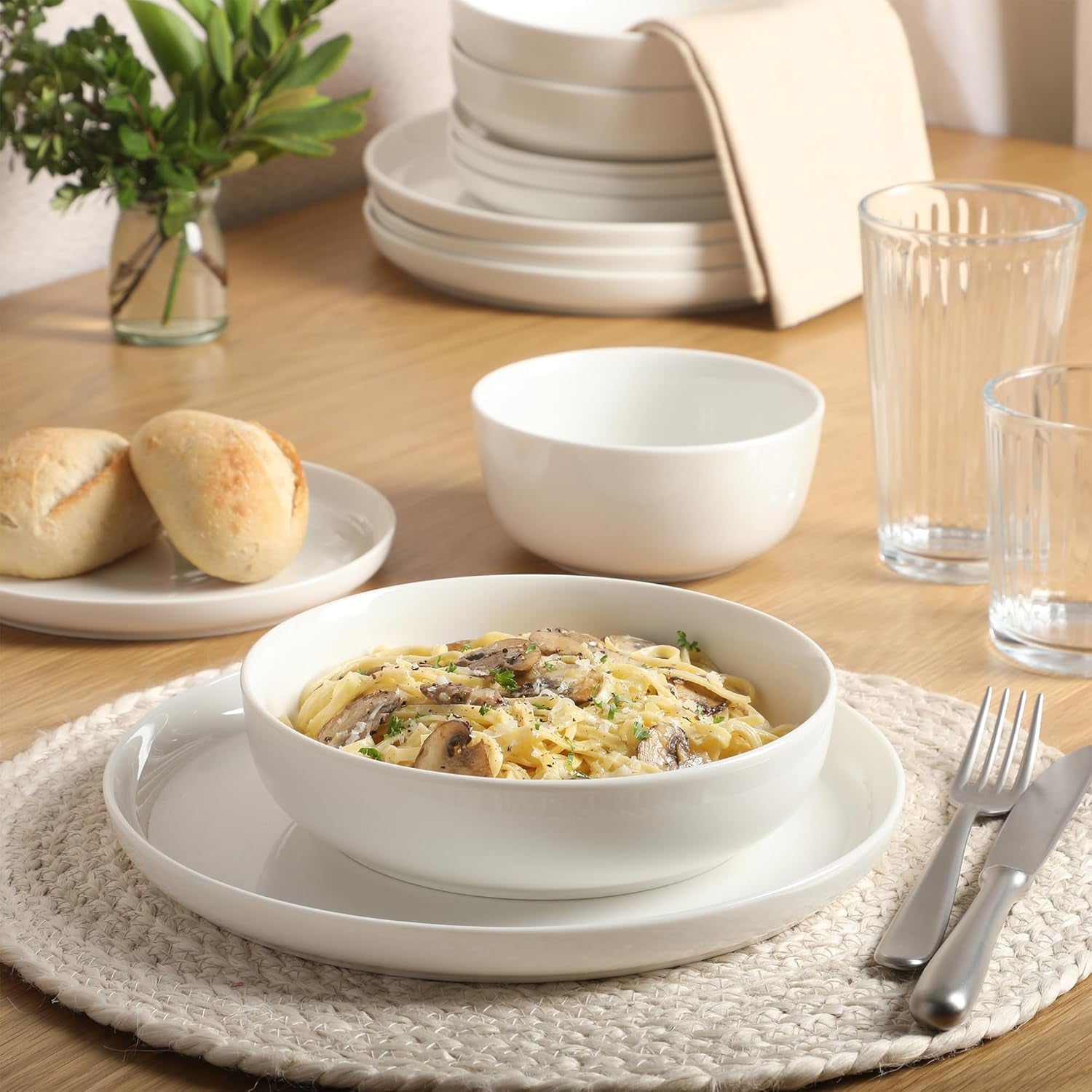 Oslo Dinnerware Set for 4, 16-Piece White Porcelain Plates and Bowls — Ceramic Dish Set | Microwave & Dishwasher Safe