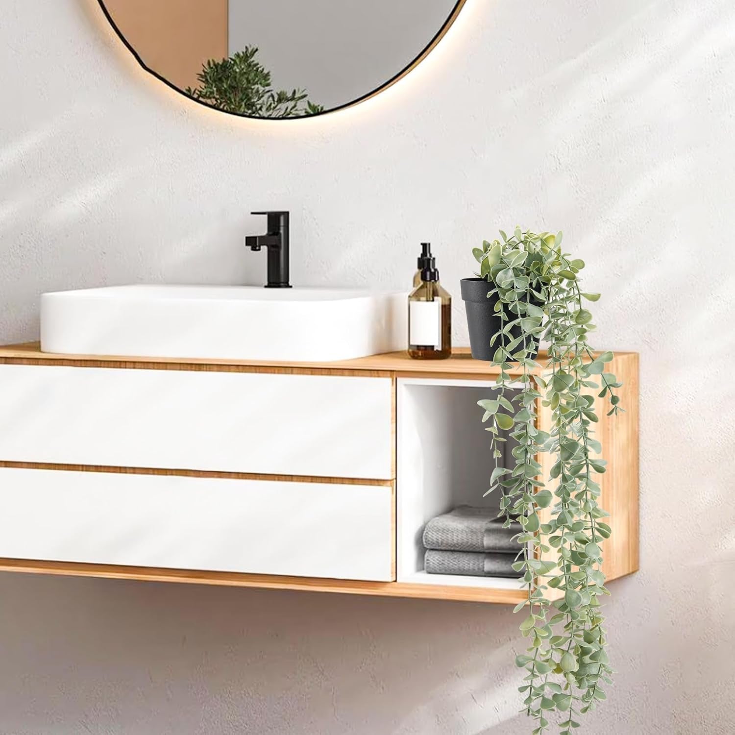 1Pcs Fake Plants Hanging Artificial Potted Faux Eucalyptus Plants for Modern Boho Farmhouse Bathroom Office Desk Wall Art Shelf Living Room Aesthetic Decor Indoor