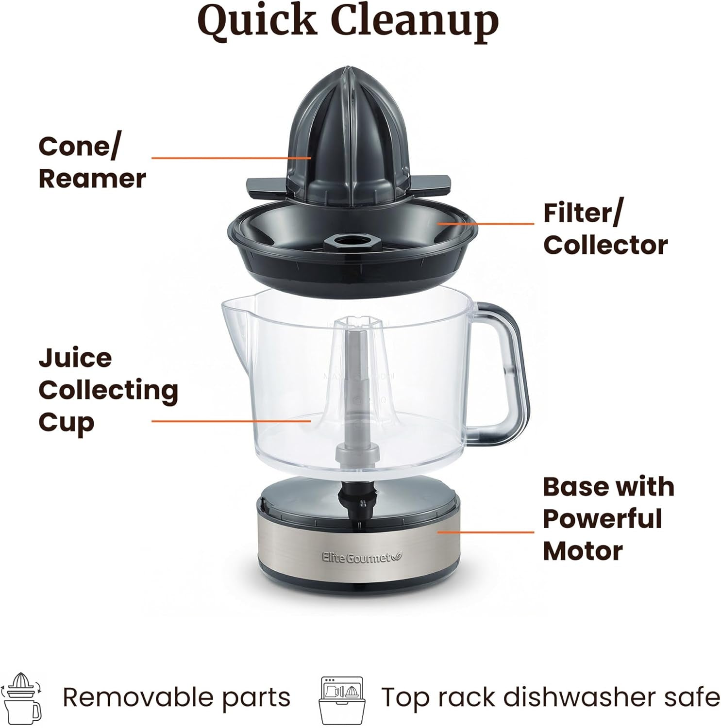 ETS623 Bpa-Free 40-Watt Electric Citrus Juicer, Compact, Large Volume, Pulp Control, Oranges, Lemons, Limes, Grapefruits with Easy Pour Spout, 24Oz, Black/Stainless Steel