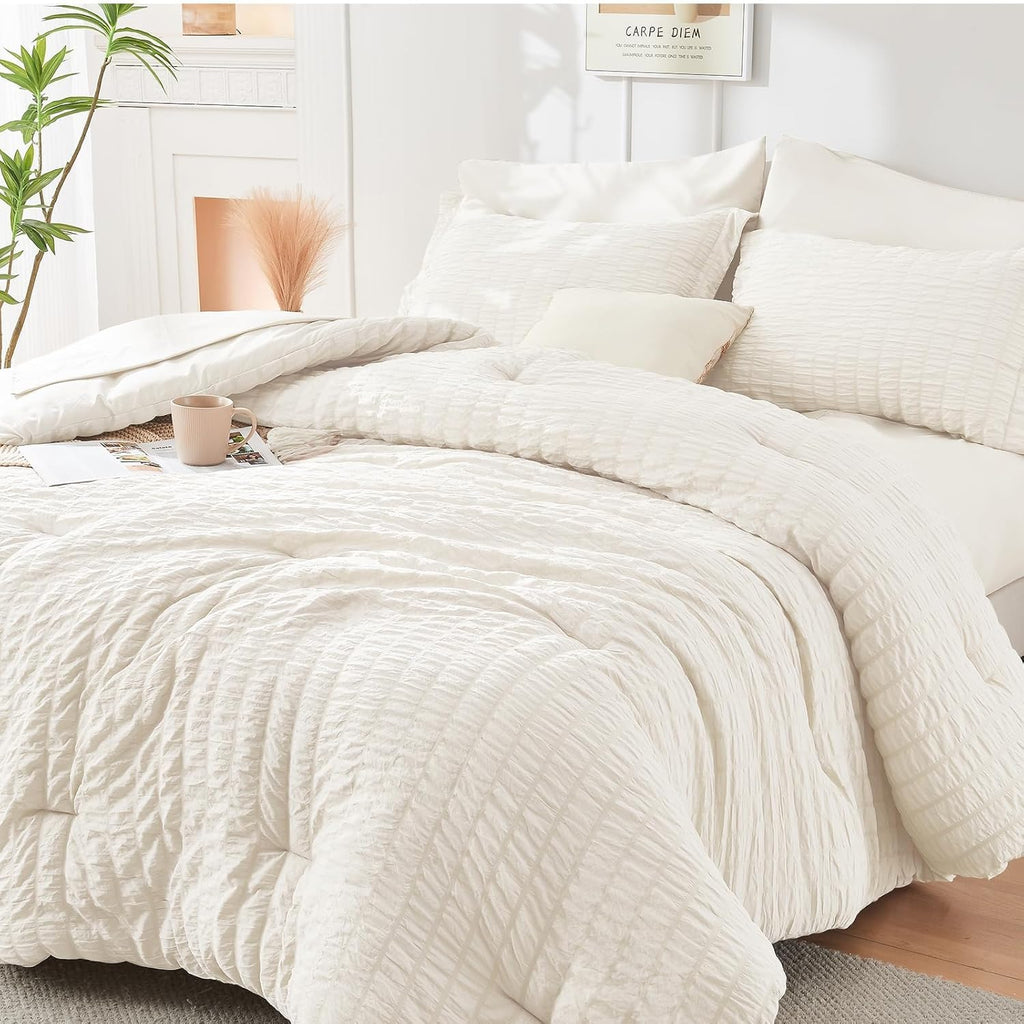Ivory Queen Comforter Set Seersucker 7 Pieces, All Season Luxury Bed in a Bag for Bedroom, Bedding Set with Comforters, Sheets, Pillowcases & Shams