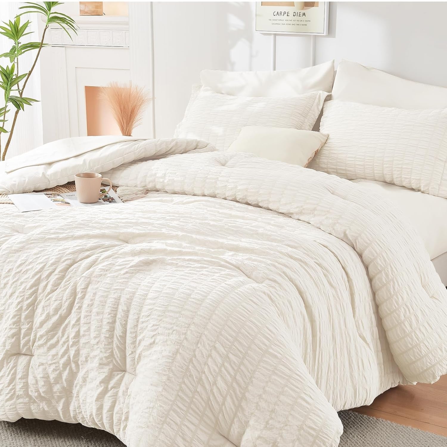 Ivory Queen Comforter Set Seersucker 7 Pieces, All Season Luxury Bed in a Bag for Bedroom, Bedding Set with Comforters, Sheets, Pillowcases & Shams