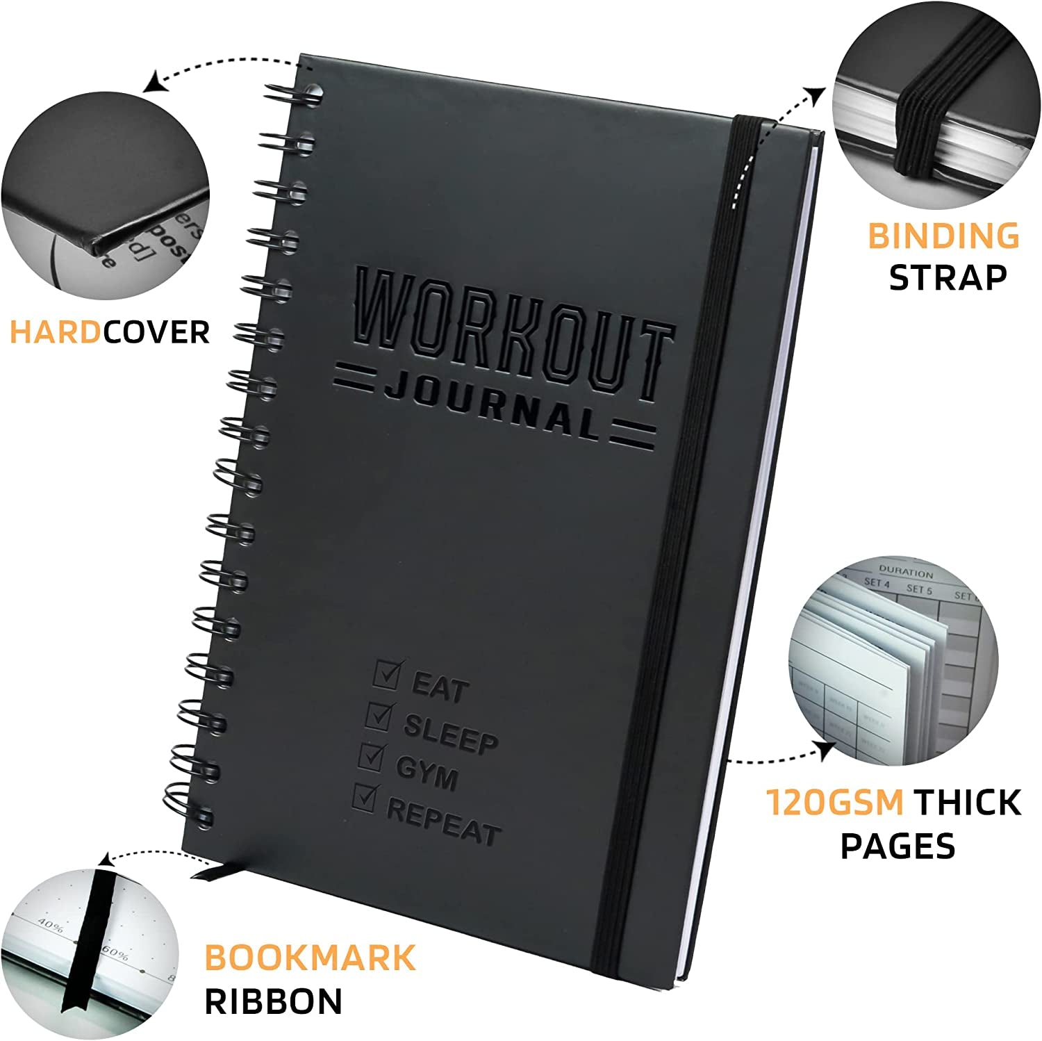 Hardcover Fitness Journal Workout Planner for Men & Women - A5(5.7" X 8.3") Sturdy Workout Log Book to Track Gym & Home Workouts