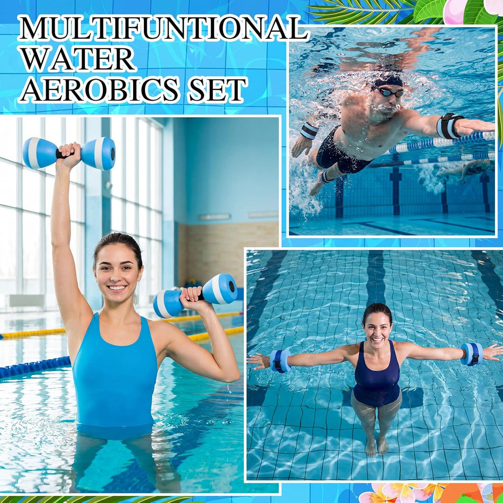 7 Pcs Aquatic Exercise Set Water Aerobics Set Including 2 Ankle/Wrist Weights for Land or Water 2 Exercise Foam Dumbbells Cuffs Large Mesh Beach Bag for Pool Weight Loss