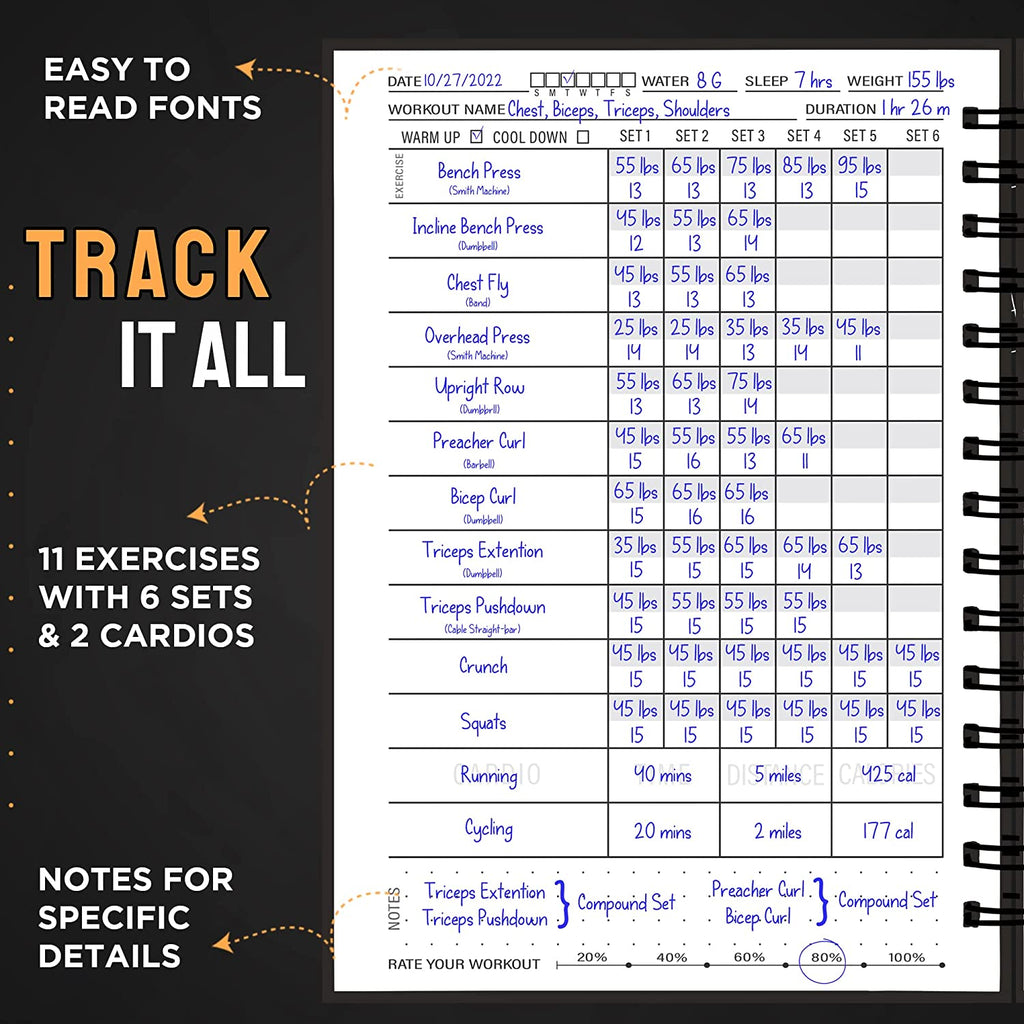 Hardcover Fitness Journal Workout Planner for Men & Women - A5(5.7" X 8.3") Sturdy Workout Log Book to Track Gym & Home Workouts