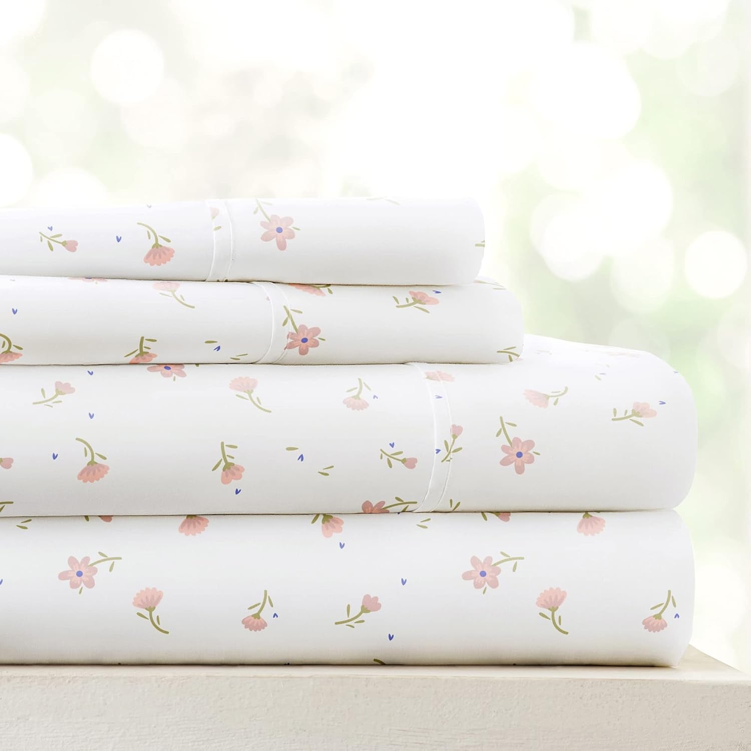 4 Piece Queen Sheet Set - Breathable, Double-Brushed Patterned Cooling Sheets – Oeko-Tex Certified Ultra Soft & Wrinkle-Free 16" Deep-Pocket Queen Sheets - Easy Care Soft Floral Pink