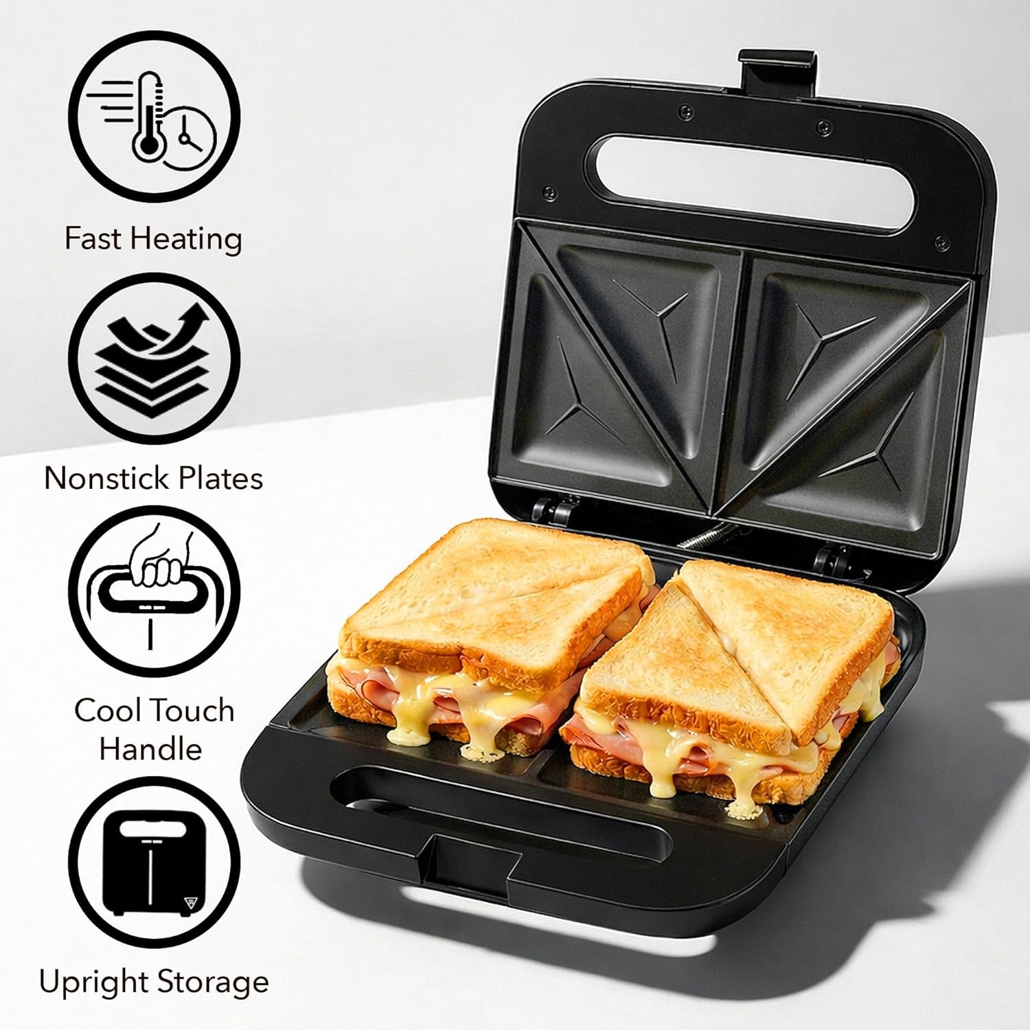 Electric Sandwich Maker with Non-Stick Plates, Indicator Lights, Cool Touch Handle, Easy to Clean and Store, Perfect for Cooking Breakfast, Grilled Cheese, Tuna Melts and Snacks, Black GPS401B