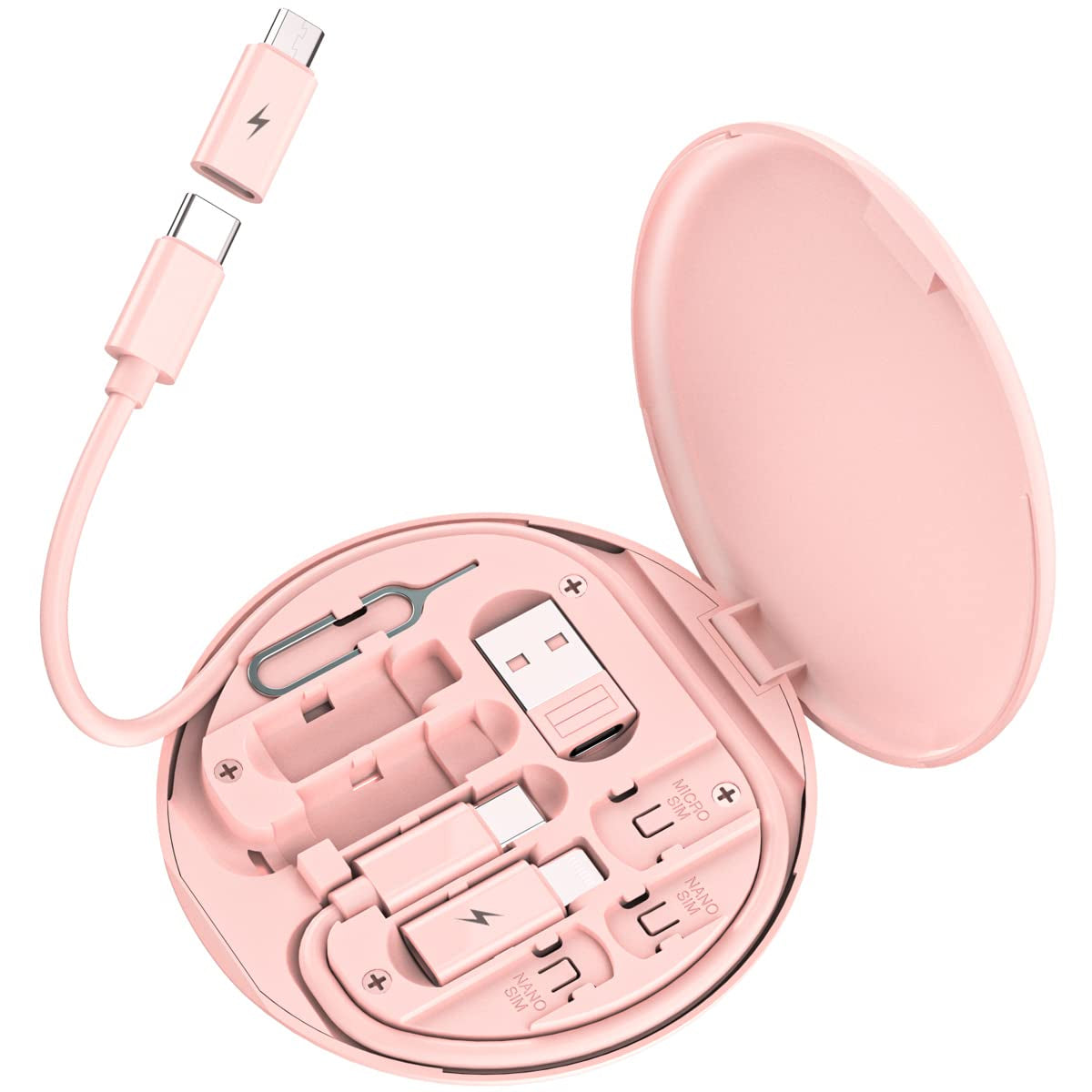 Multi USB Charging Adapter Cable Kit, USB C to Ios Device Adapter Box, Conversion Set a & Type C to Male Micro /Type C/Ios Device, Data Transfer, Card Storage, Tray Eject Pin, Phone Holder (Pink)