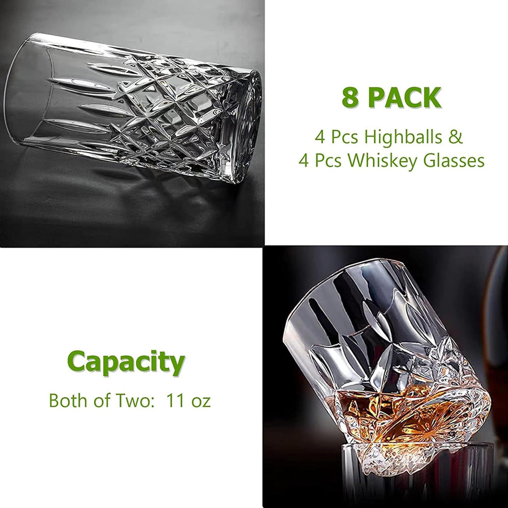 Drinking Glasses, 8 Piece Crystal Glass Cups, Mixed Glassware Set, 4 Pcs Crystal Old Fashioned 11Oz Highballs and 4 Pcs 11Oz Whiskey Glasses, Great for Cocktail, Whisky and Other Beverages