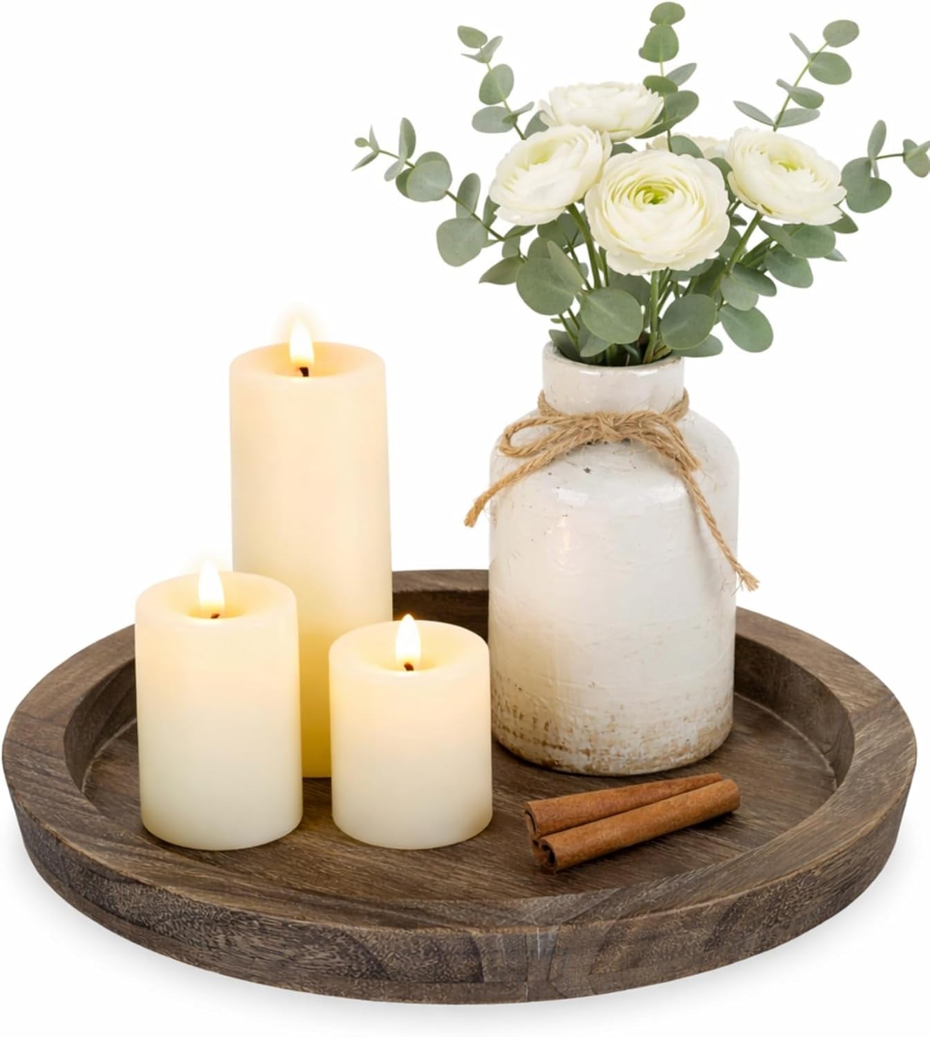 Candle Plate Holder Tray: round Wood Decorative Candle Plate - Rustic Farmhouse Coffeetable Decor - Tealight Pillar Trays for Home Decor (Distressed)