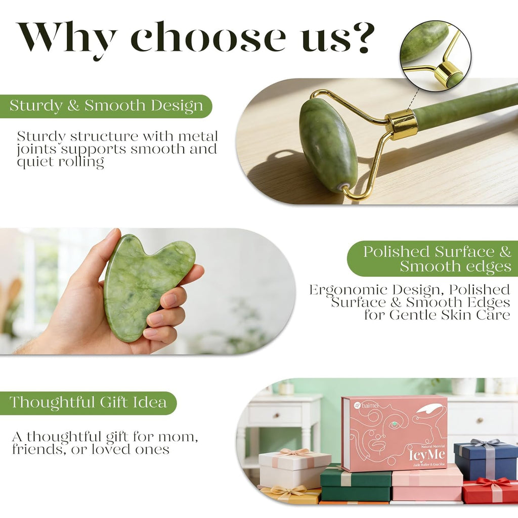 Icyme Gua Sha & Jade Roller Set, Cooling Face Roller & Gua Sha Tool for Depuffing, Facial Sculpting & Jawline Definition, Smooth Rolling Skincare Tools for Women & Men – Green