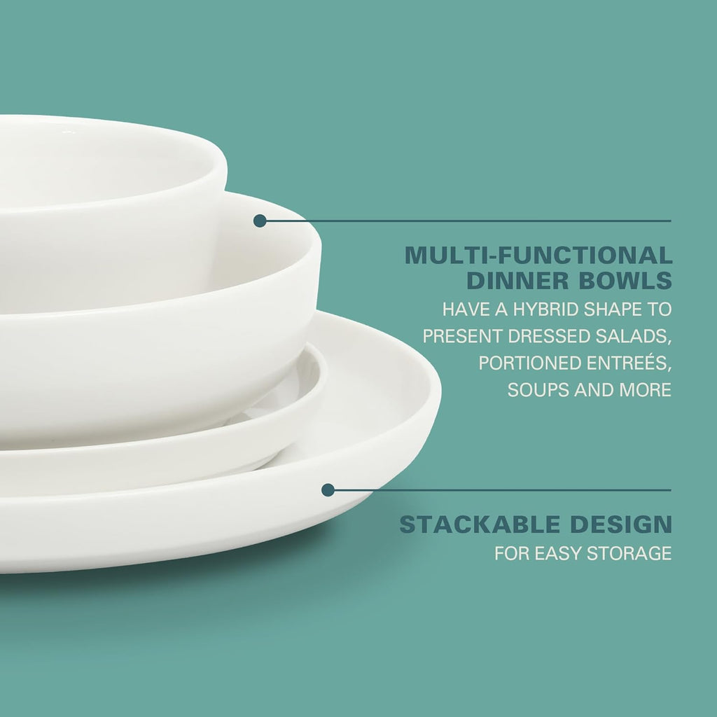 Oslo Dinnerware Set for 4, 16-Piece White Porcelain Plates and Bowls — Ceramic Dish Set | Microwave & Dishwasher Safe