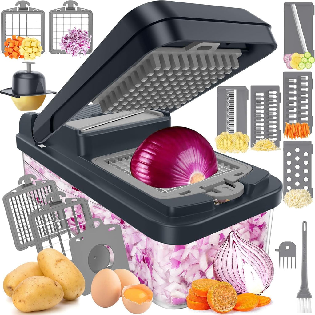 12-In-1 Vegetable Chopper, Kitchen Gadgets with 7 Blades, Veggie, Food, Onion Chopper, Cucumber Slicer, Versatile Mandoline, Includes Egg Separator & Finger Guard, Gray