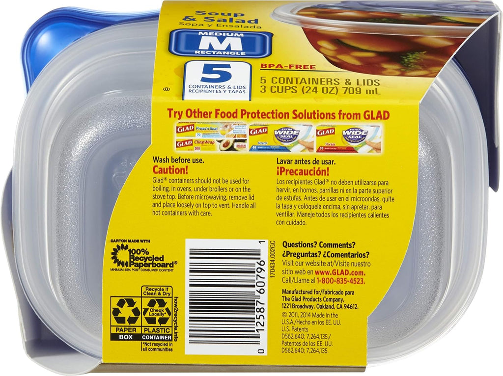 ware Medium Rectangle Food Storage Containers with Lids, BPA Free Plastic for Soups Salads and Meal Prep, Airtight Leak Resistant, Microwave Dishwasher Freezer Safe, 24 Oz, 5 Count