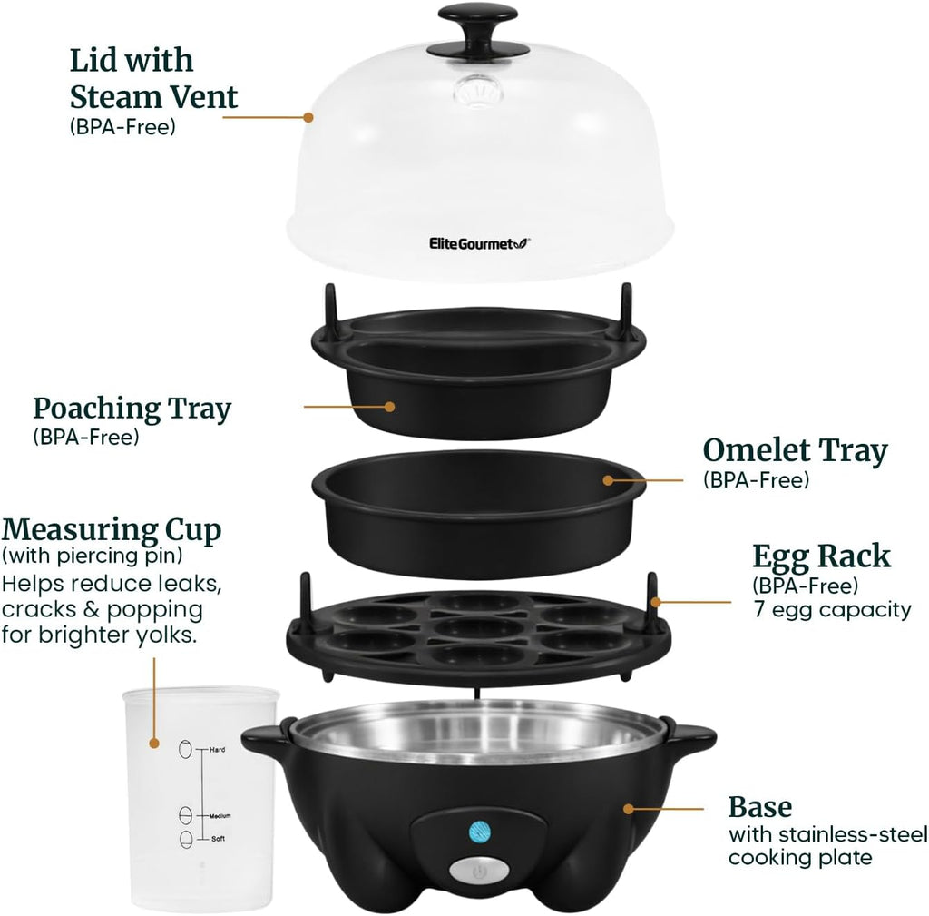 EGC-007B# Rapid Egg Cooker, 7 Easy-To-Peel, Hard, Medium, Soft Boiled Eggs, Poacher, Omelet Maker, Auto Shut-Off, Alarm, 16-Recipe Booklet, Black