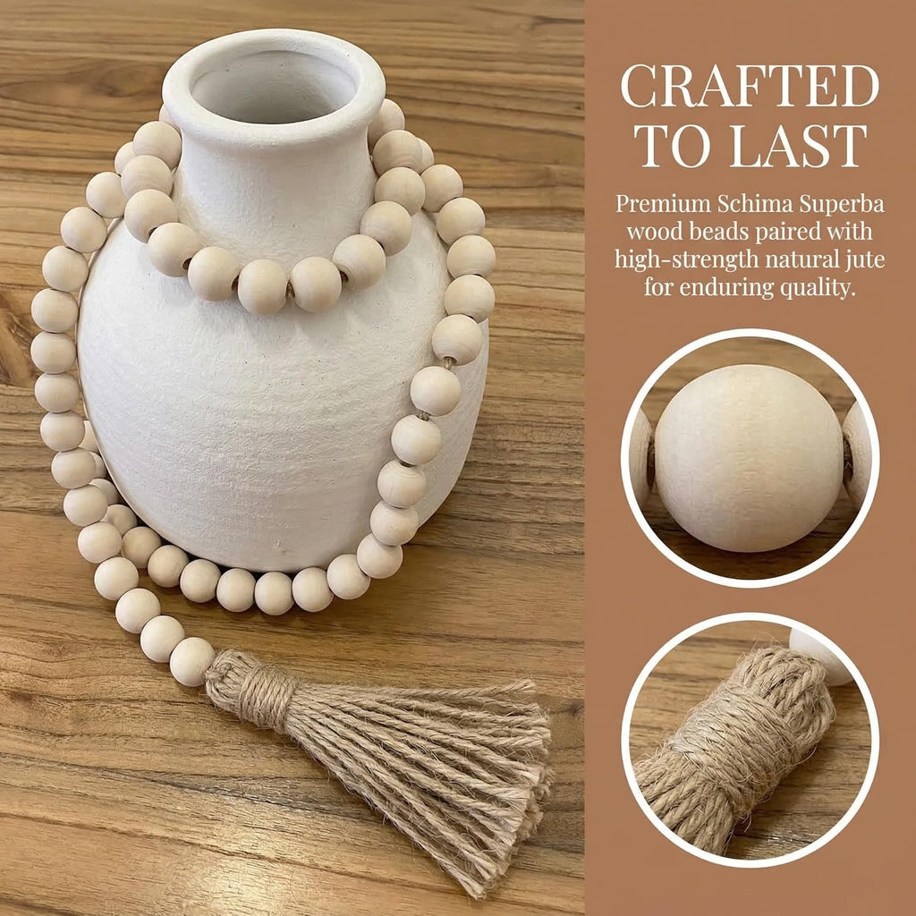 Farmhouse Beads Long Length Solid Wood Bead Boho Tassel Garland - Rustic Country Solid Beaded Boho Chic Decor for Wall, above Cabinet & Table