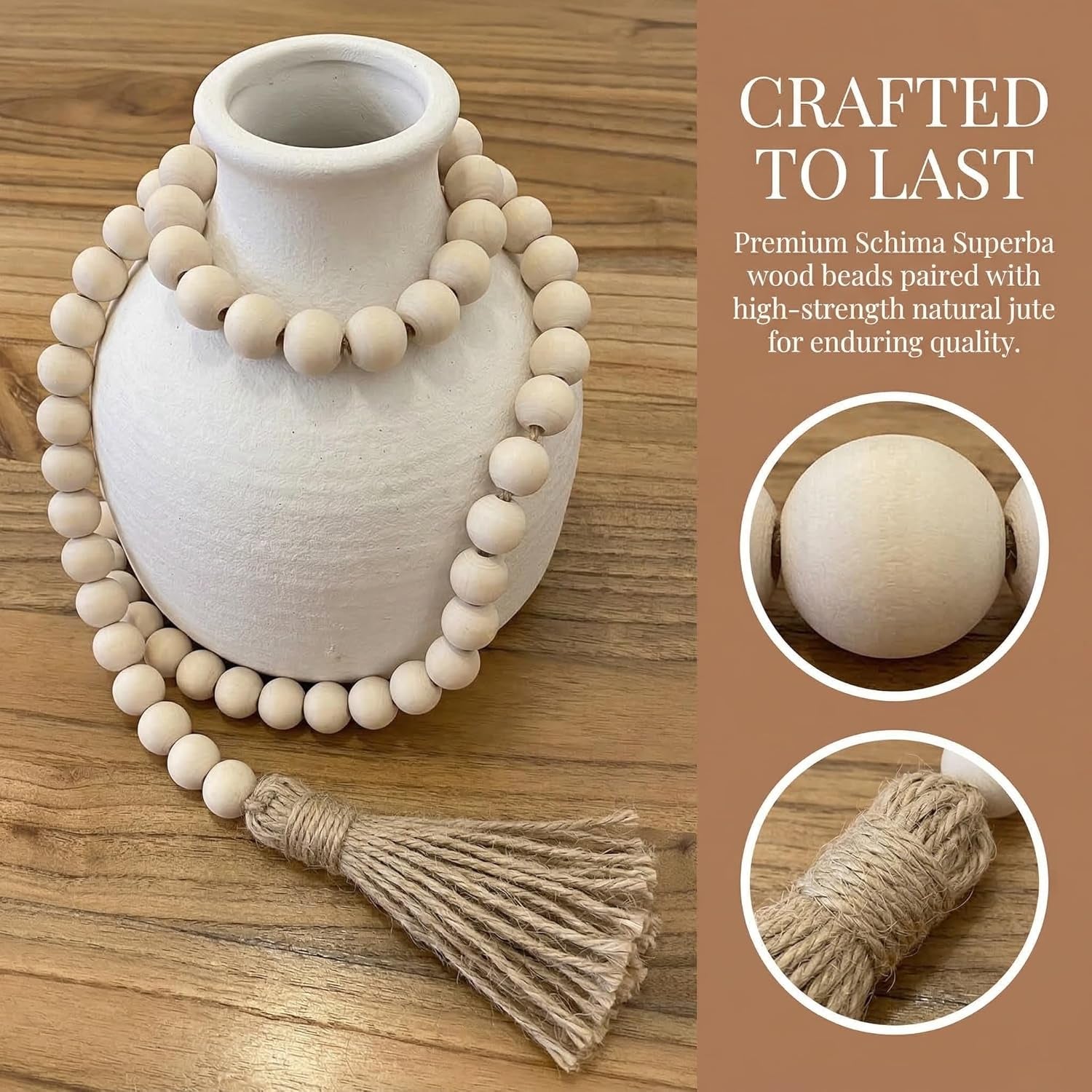 Farmhouse Beads Long Length Solid Wood Bead Boho Tassel Garland - Rustic Country Solid Beaded Boho Chic Decor for Wall, above Cabinet & Table