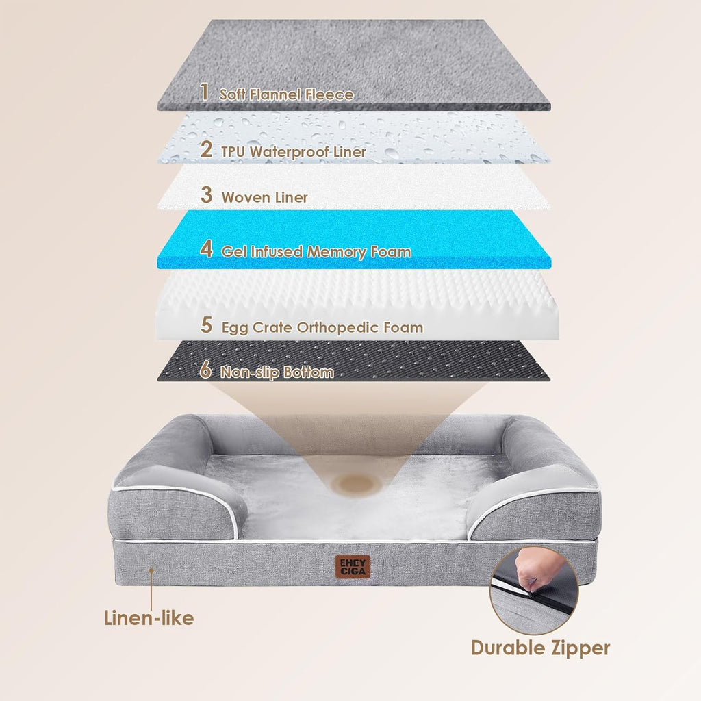 Orthopedic Dog Bed for Medium Dogs, Waterproof Memory Foam Medium Pet Beds with Sides, Non-Slip Bottom and Egg-Crate Foam Dog Couch Bed with Washable Removable Cover, Grey