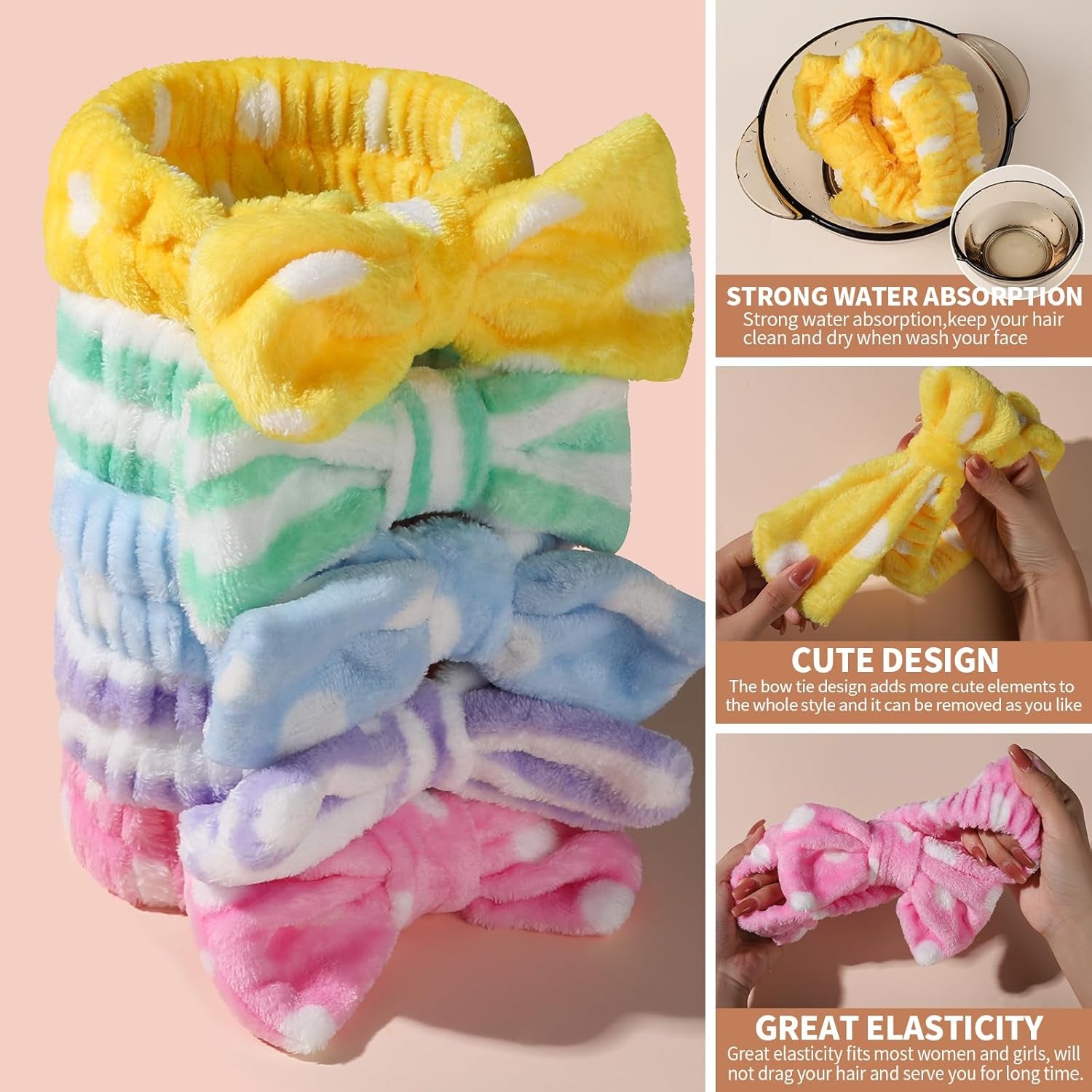 5Pcs Makeup Headband with Removable Bow, Spa Headband for Washing Face for Teen Girls Women, Gifts Basket for Teens Girls Party, Skin Care Hairband