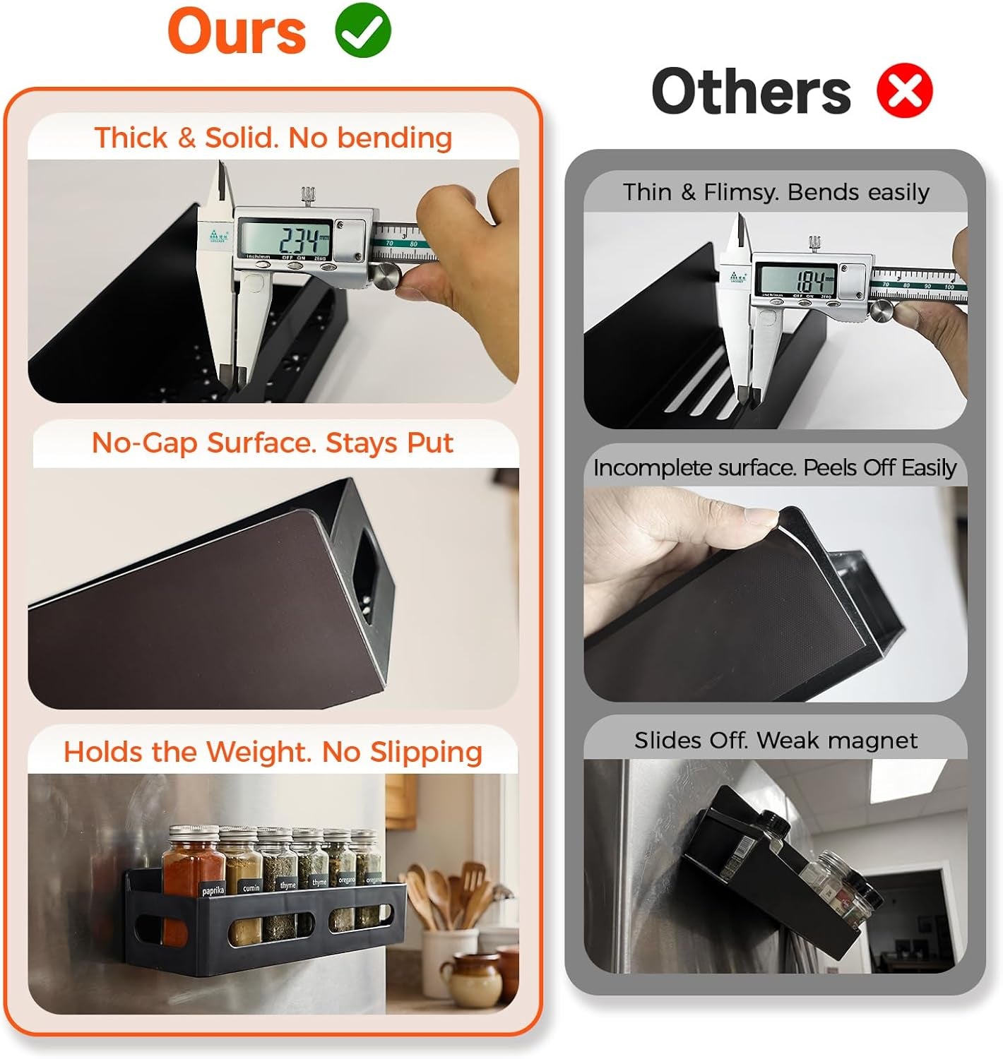 4 Pack Strong Magnetic Spice Rack for Refrigerator, Multipurpose Magnetic Shelf for Fridge with 4 Hooks for Kitchen and Bathroom Organization, Black