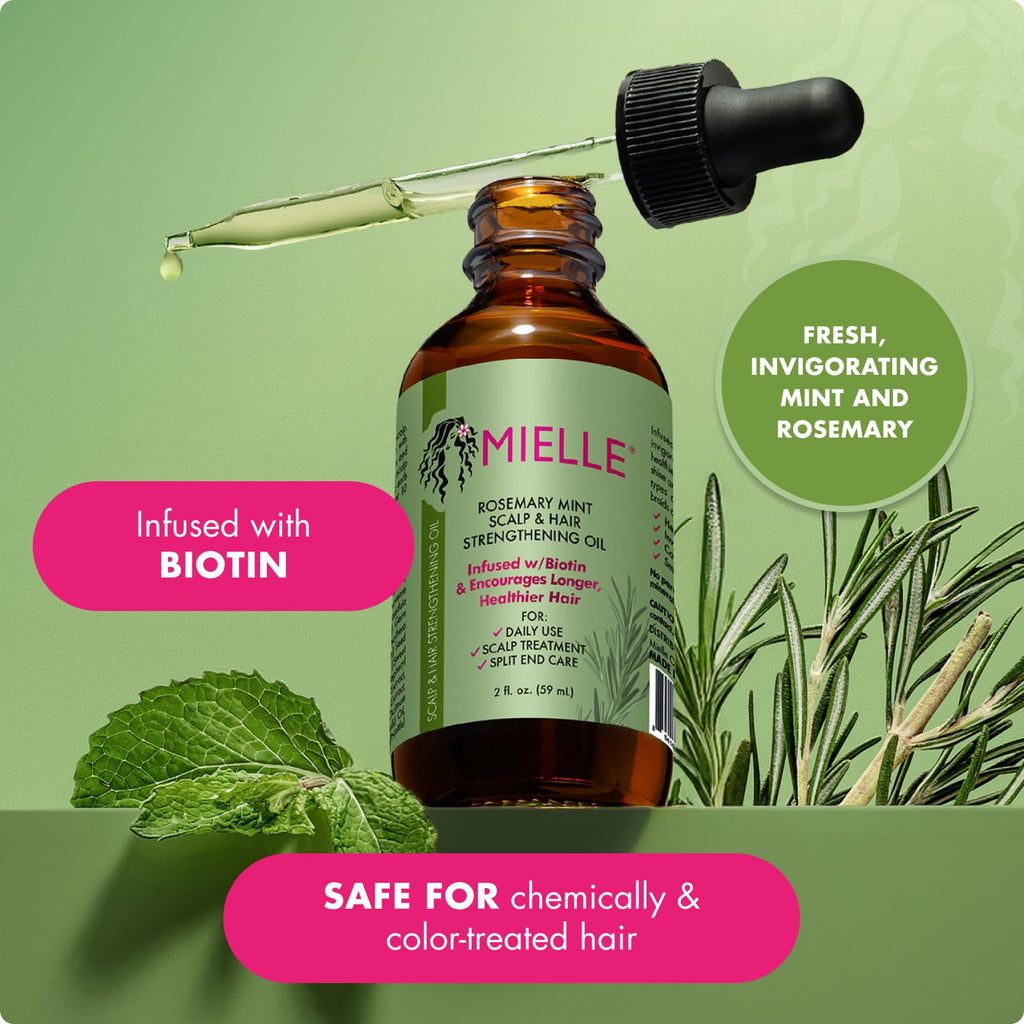 Rosemary & Mint Hair Oil - Strengthening Biotin Oil Infused Frizzy & Damaged Hair Care - Split Ends & Dry Scalp Treatment to Support Longer, Healthier Strands, 2 Ounce