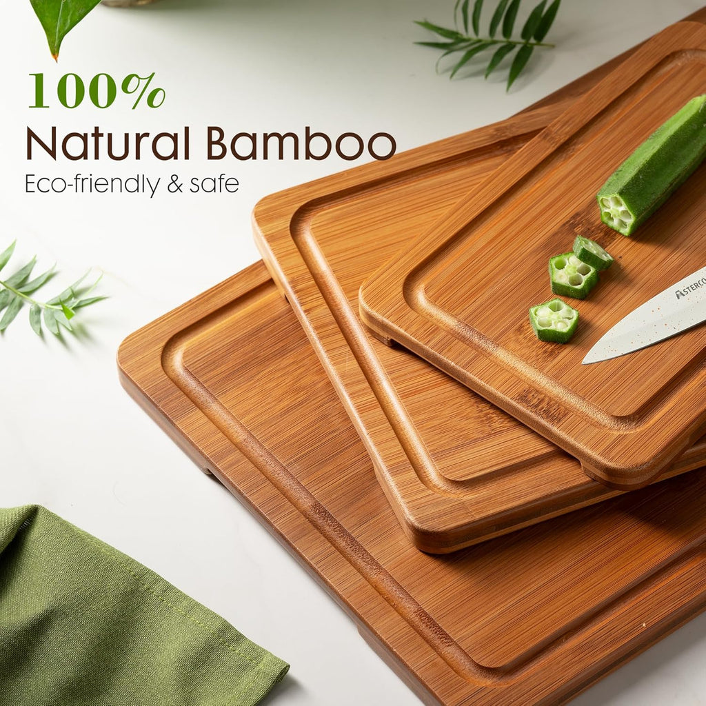 Deep-Carbonized Bamboo Cutting Boards for Kitchen with Wood Storage Stand, Reversible Charcuterie & Chopping Boards with Juice Grooves and Easy-Grip Handles, Mothers Day Gifts