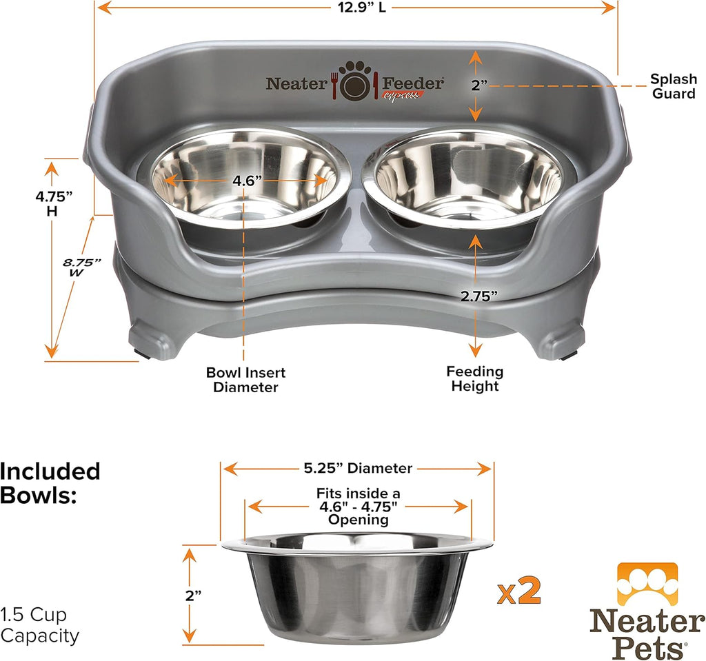 Express Mess Proof Dog Bowls Elevated for Small Breeds under 15 Lb, Made in USA, No Spill Raised Dog Food Bowl Stand, Stainless Steel Food and Water Bowl Set, Feeding Station, Grey