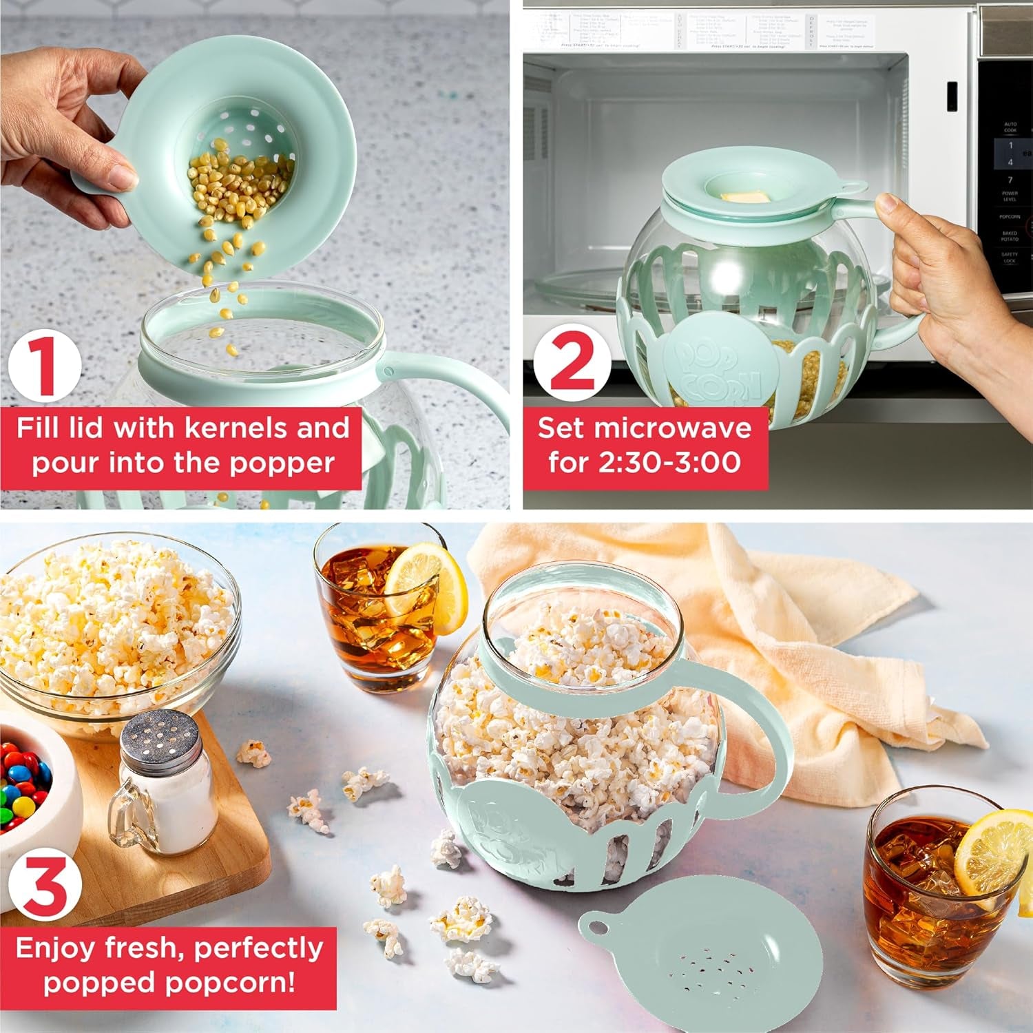 Patented Micro-Pop Microwave Popcorn Popper with Temperature Safe Glass, 3-In-1 Lid Measures Kernels and Melts Butter, Made without BPA, Dishwasher Safe, 3-Quart, Aqua