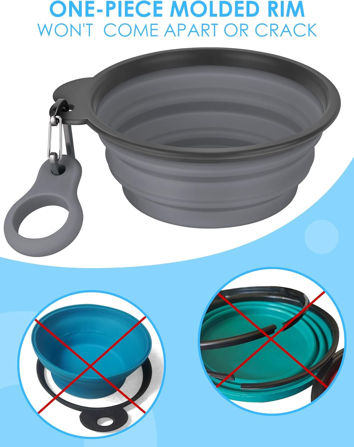Collapsible Dog Bowls with Bottle Carrier, 2 Pack Travel Dog Water Bowl Upgraded Carabiner, One-Piece Molded Rim No Fall off or Crack, Foldable Silicone Portable for Pets Walking Hiking 15Oz